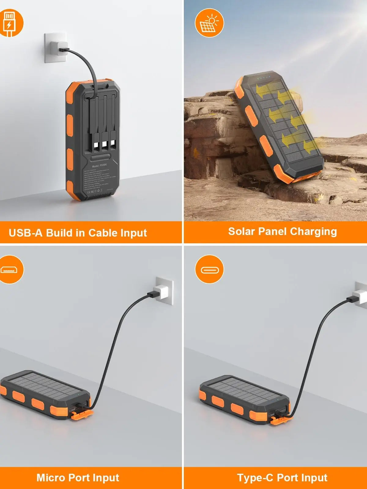 Solar Charger Power Bank 38800Mah-20000Mah, Portable Charger, 4 Cables 3 Ports Fast Charging External Battery Pack with USB C for Cell Phones, Solar Panel Charger with Dual Flashlight for Camping Power Bank Power Bank Charger Battery Power Bank Summervibe