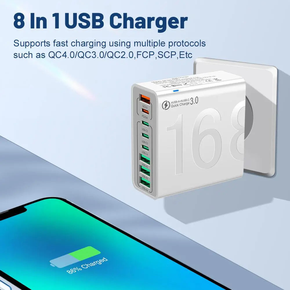 4 USB-C & 4 USB-A Fast Charging USB Hub Portablesmart 8Port Charger for Multiple Devices Smartcharger for Phones, Tablets & More