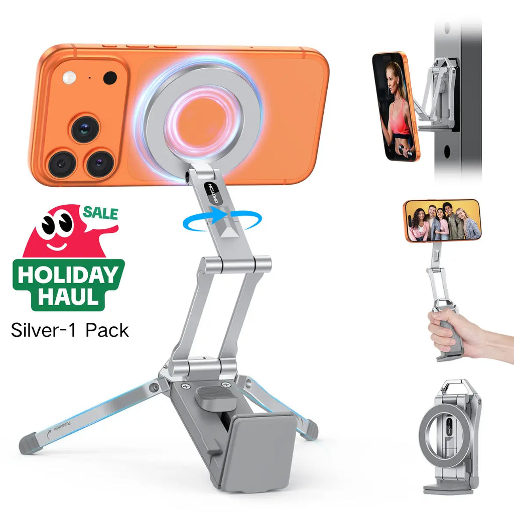 OMOTON Magnetic Mobile Phone Tripod Stand - TP02 Folding Travel Mount with 360-Degree Rotating Shaft, Adjustable Ring Grip, Selfie Stick Clamping Mount & Hook, Cellphone Holder for Desk, Outdoor Use (Tech Accessories, Mobile Accessories),Summervibes