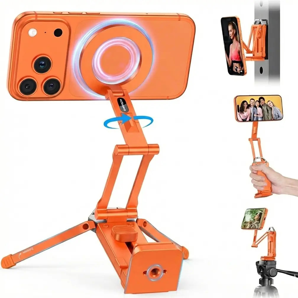 OMOTON Magnetic Mobile Phone Tripod Stand - TP02 Folding Travel Mount with 360-Degree Rotating Shaft, Adjustable Ring Grip, Selfie Stick Clamping Mount & Hook, Cellphone Holder for Desk, Outdoor Use (Tech Accessories, Mobile Accessories),Summervibes