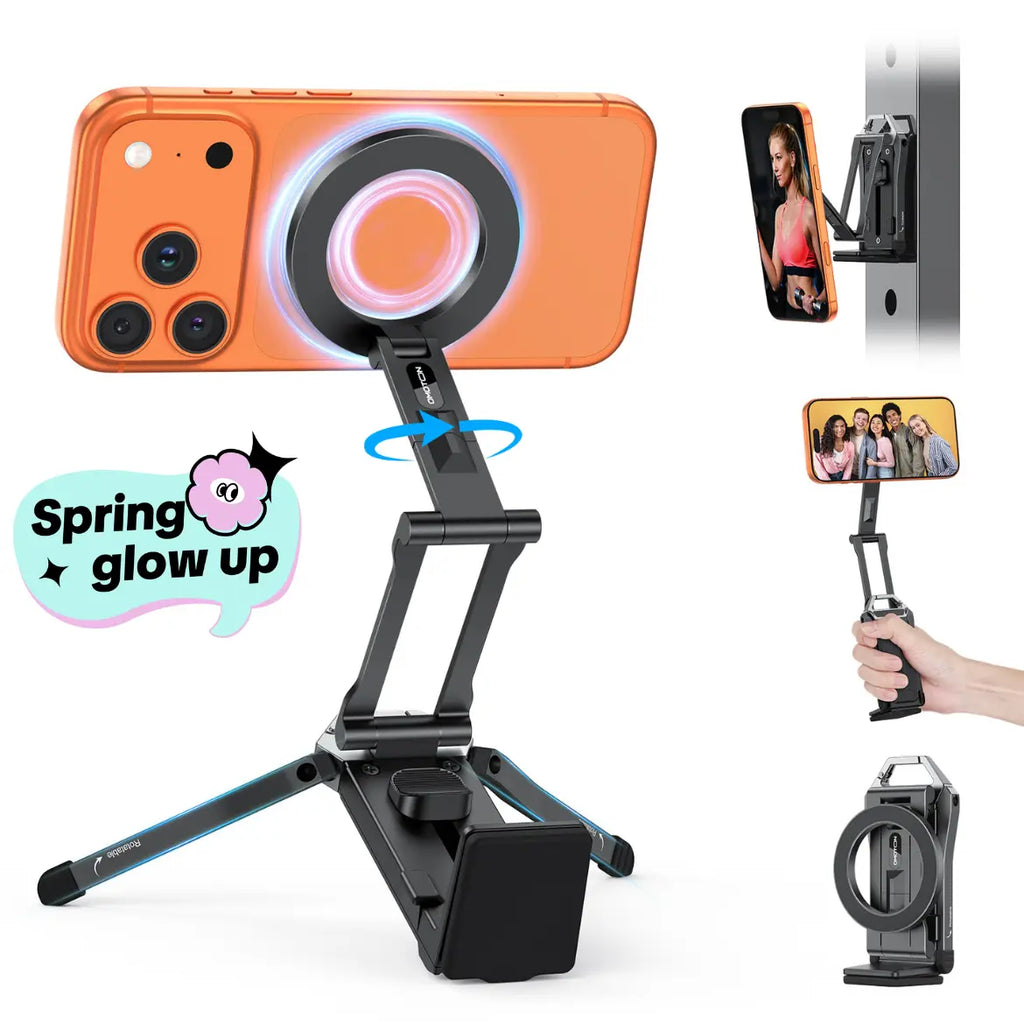 OMOTON Magnetic Mobile Phone Tripod Stand - TP02 Folding Travel Mount with 360-Degree Rotating Shaft, Adjustable Ring Grip, Selfie Stick Clamping Mount & Hook, Cellphone Holder for Desk, Outdoor Use (Tech Accessories, Mobile Accessories),Summervibes