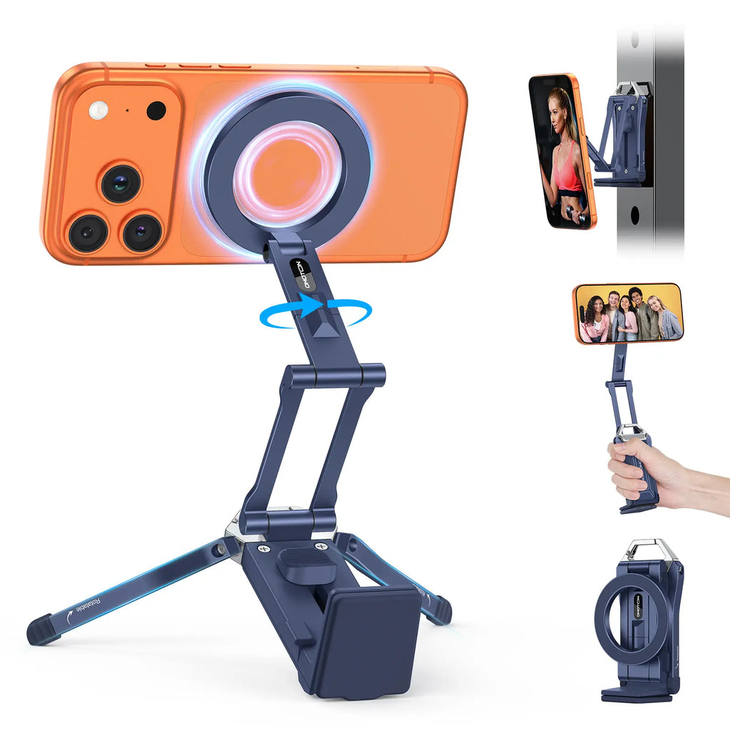 OMOTON Magnetic Mobile Phone Tripod Stand - TP02 Folding Travel Mount with 360-Degree Rotating Shaft, Adjustable Ring Grip, Selfie Stick Clamping Mount & Hook, Cellphone Holder for Desk, Outdoor Use (Tech Accessories, Mobile Accessories),Summervibes