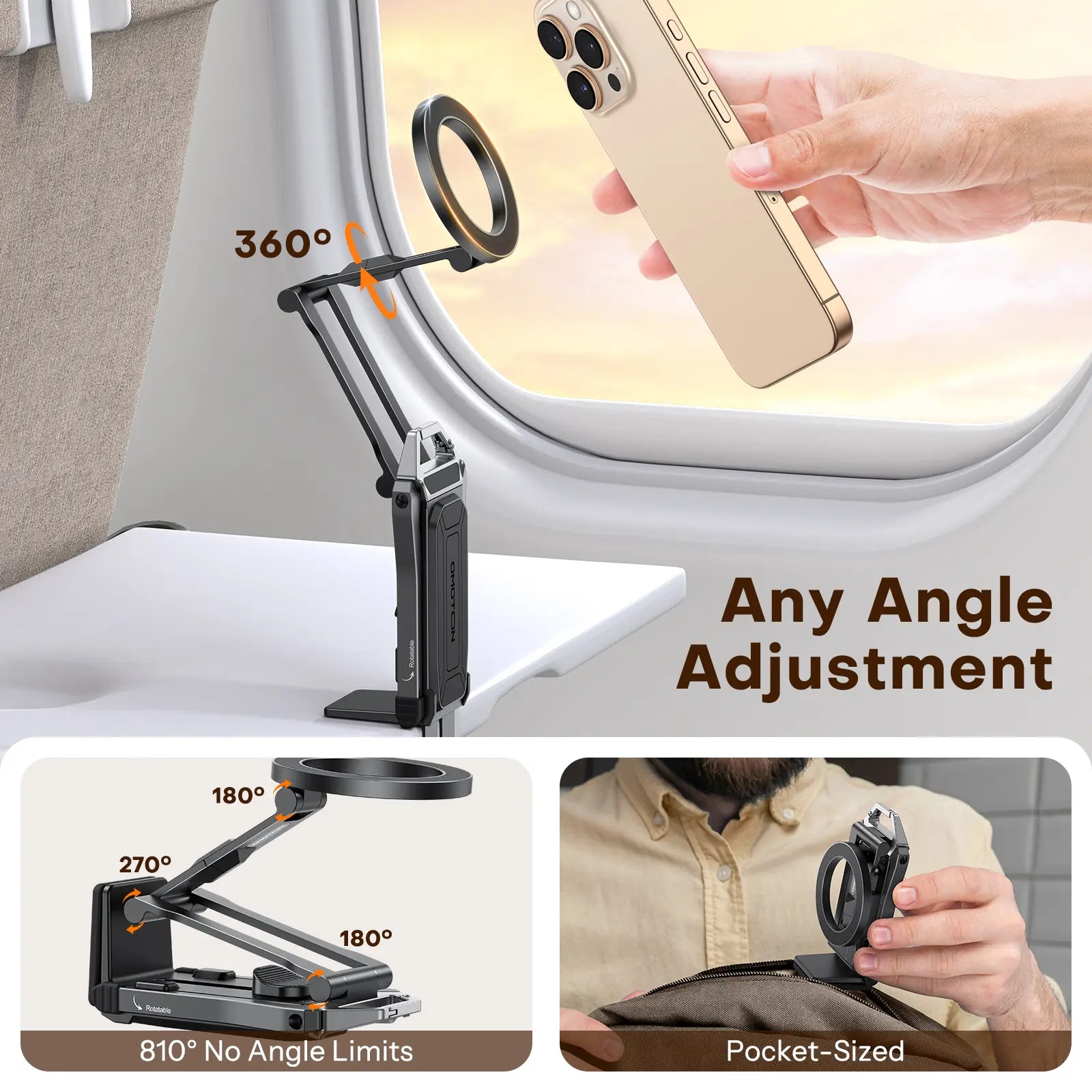 OMOTON Magnetic Mobile Phone Tripod Stand - TP02 Folding Travel Mount with 360-Degree Rotating Shaft, Adjustable Ring Grip, Selfie Stick Clamping Mount & Hook, Cellphone Holder for Desk, Outdoor Use (Tech Accessories, Mobile Accessories),Summervibes