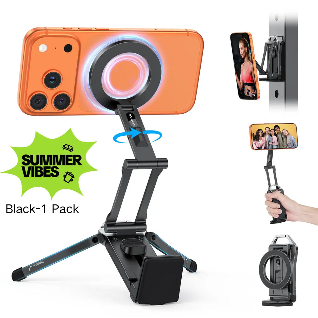 OMOTON Magnetic Mobile Phone Tripod Stand - TP02 Folding Travel Mount with 360-Degree Rotating Shaft, Adjustable Ring Grip, Selfie Stick Clamping Mount & Hook, Cellphone Holder for Desk, Outdoor Use (Tech Accessories, Mobile Accessories),Summervibes