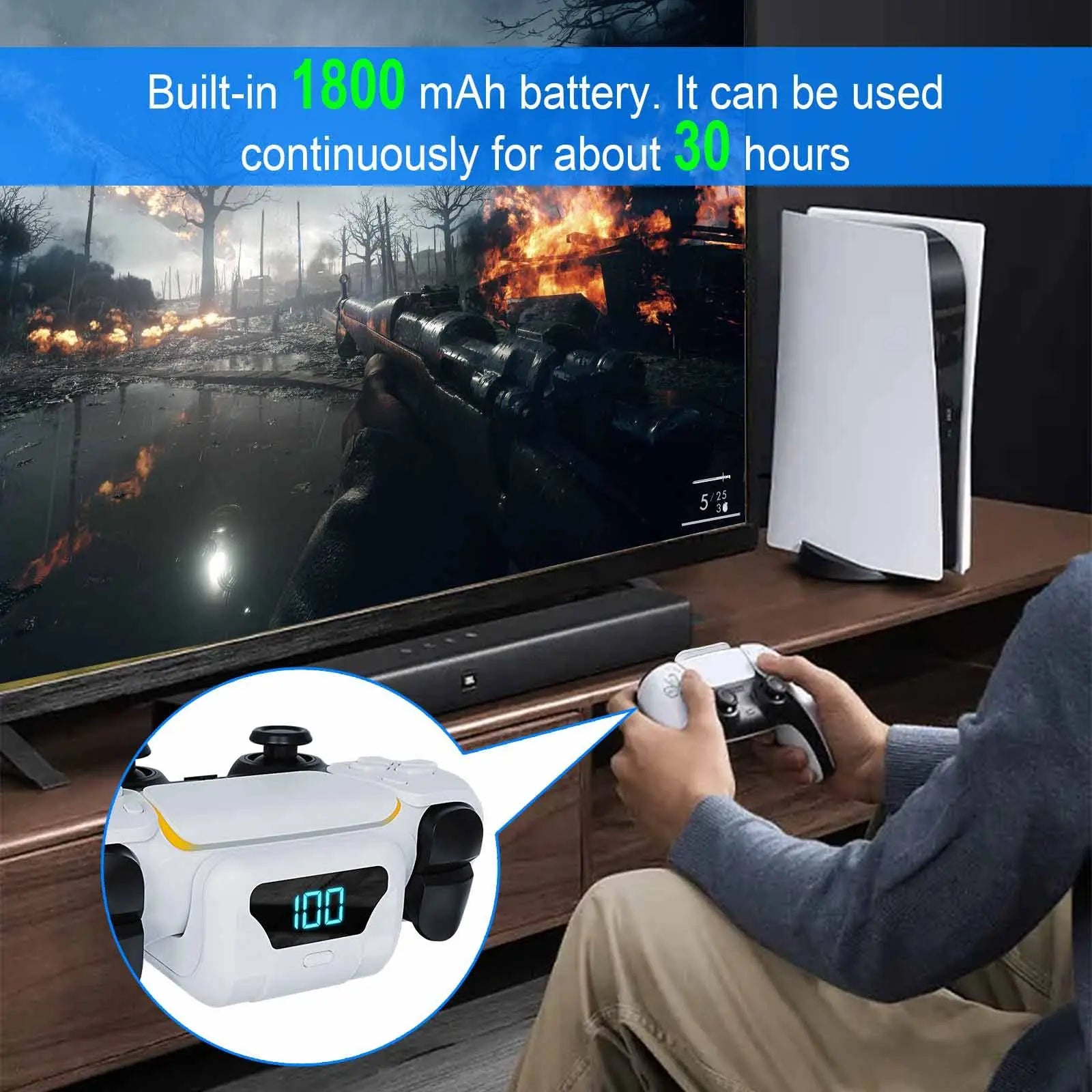 1800Mah Controller Rechargeable Battery for PS5, Game Controller Charger with Durable Back Clip Design, Essential Charging Accessory, Console Accessories