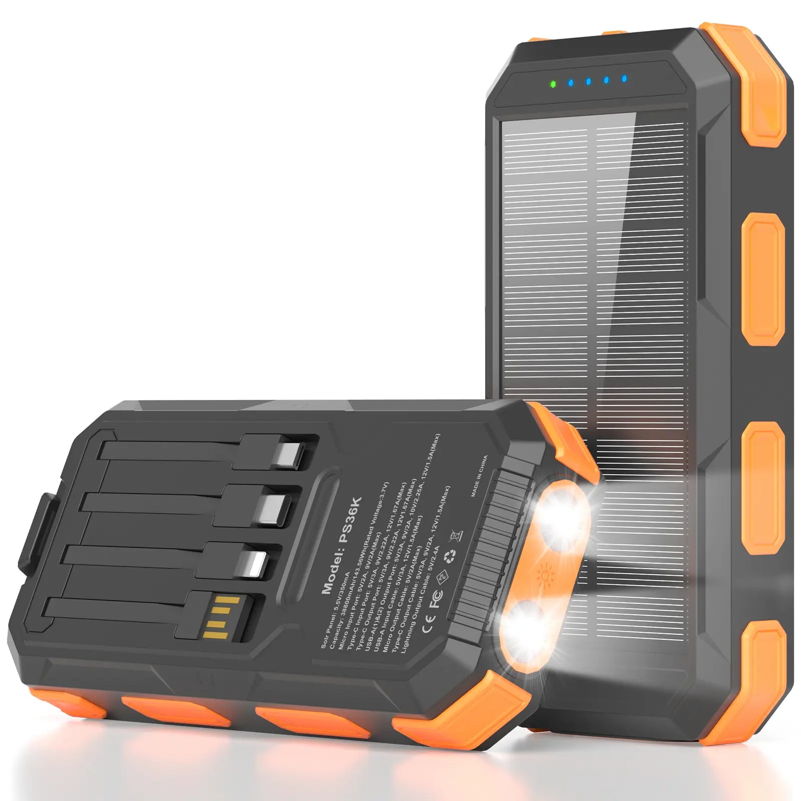 Solar Charger Power Bank 38800Mah-20000Mah, Portable Charger, 4 Cables 3 Ports Fast Charging External Battery Pack with USB C for Cell Phones, Solar Panel Charger with Dual Flashlight for Camping Power Bank Power Bank Charger Battery Power Bank Summervibe