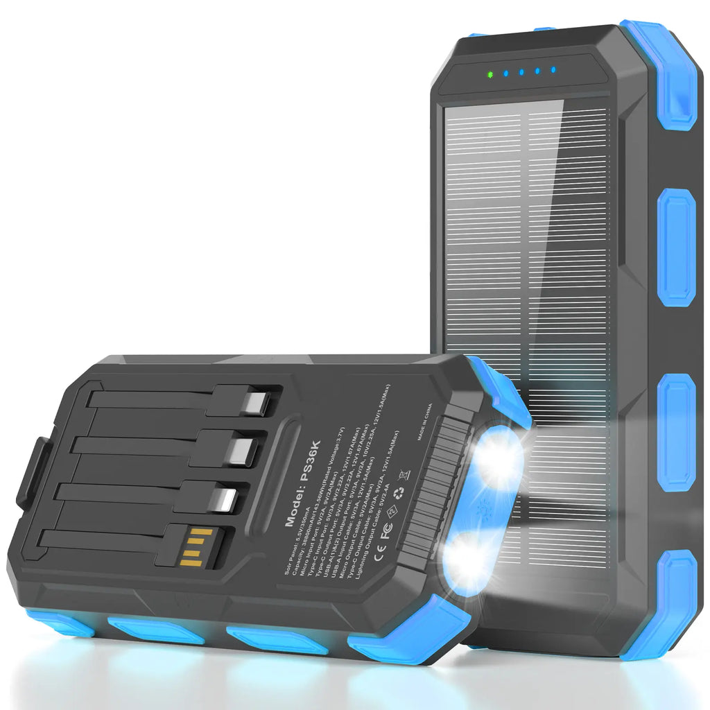 Solar Charger Power Bank 38800Mah-20000Mah, Portable Charger, 4 Cables 3 Ports Fast Charging External Battery Pack with USB C for Cell Phones, Solar Panel Charger with Dual Flashlight for Camping Power Bank Power Bank Charger Battery Power Bank Summervibe