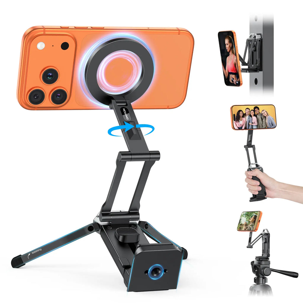 OMOTON Magnetic Mobile Phone Tripod Stand - TP02 Folding Travel Mount with 360-Degree Rotating Shaft, Adjustable Ring Grip, Selfie Stick Clamping Mount & Hook, Cellphone Holder for Desk, Outdoor Use (Tech Accessories, Mobile Accessories),Summervibes