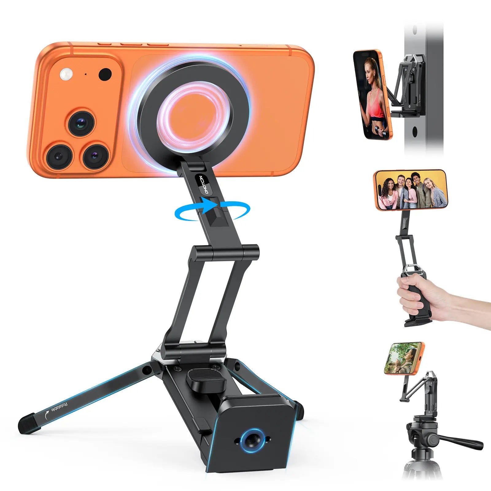 OMOTON Magnetic Mobile Phone Tripod Stand - TP02 Folding Travel Mount with 360-Degree Rotating Shaft, Adjustable Ring Grip, Selfie Stick Clamping Mount & Hook, Cellphone Holder for Desk, Outdoor Use (Tech Accessories, Mobile Accessories),Summervibes