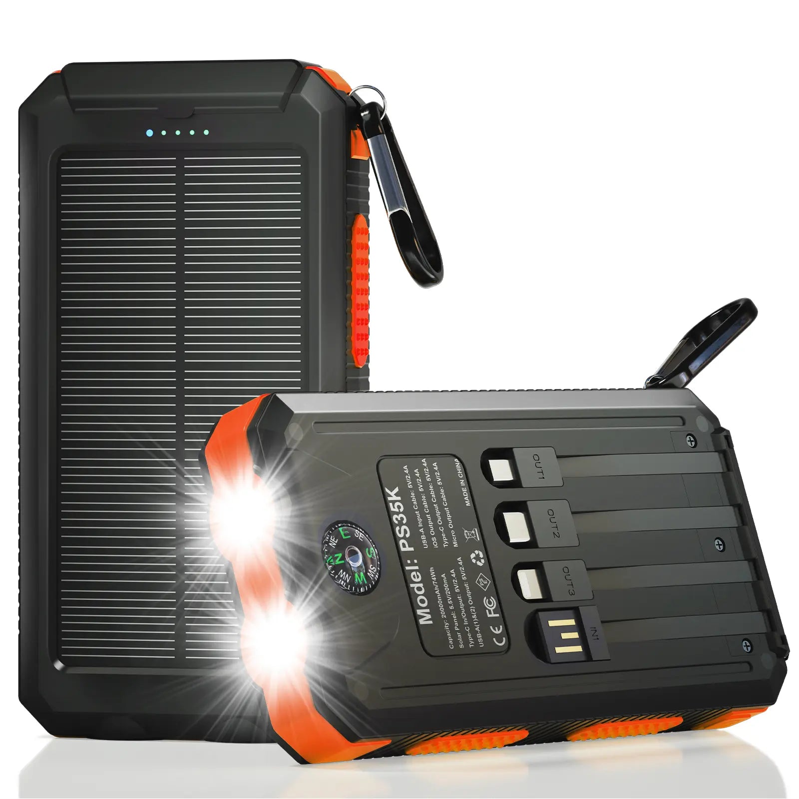 Solar Charger Power Bank 38800Mah-20000Mah, Portable Charger, 4 Cables 3 Ports Fast Charging External Battery Pack with USB C for Cell Phones, Solar Panel Charger with Dual Flashlight for Camping Power Bank Power Bank Charger Battery Power Bank Summervibe